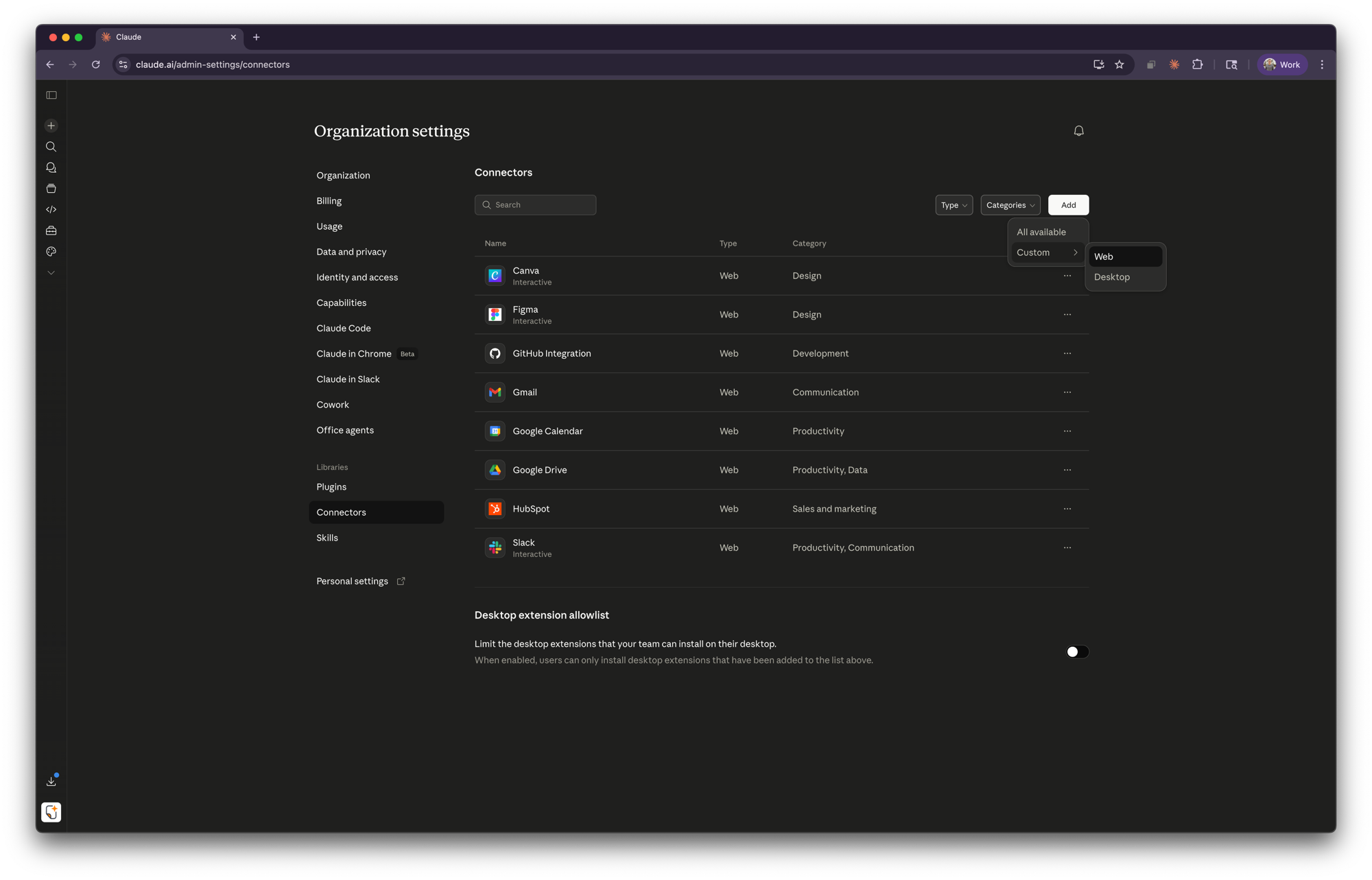 Organization settings showing the Connectors page with available integrations