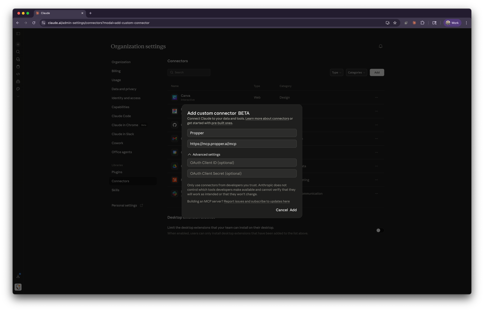 Connector settings with name set to Propper, the MCP server URL, and optional OAuth fields