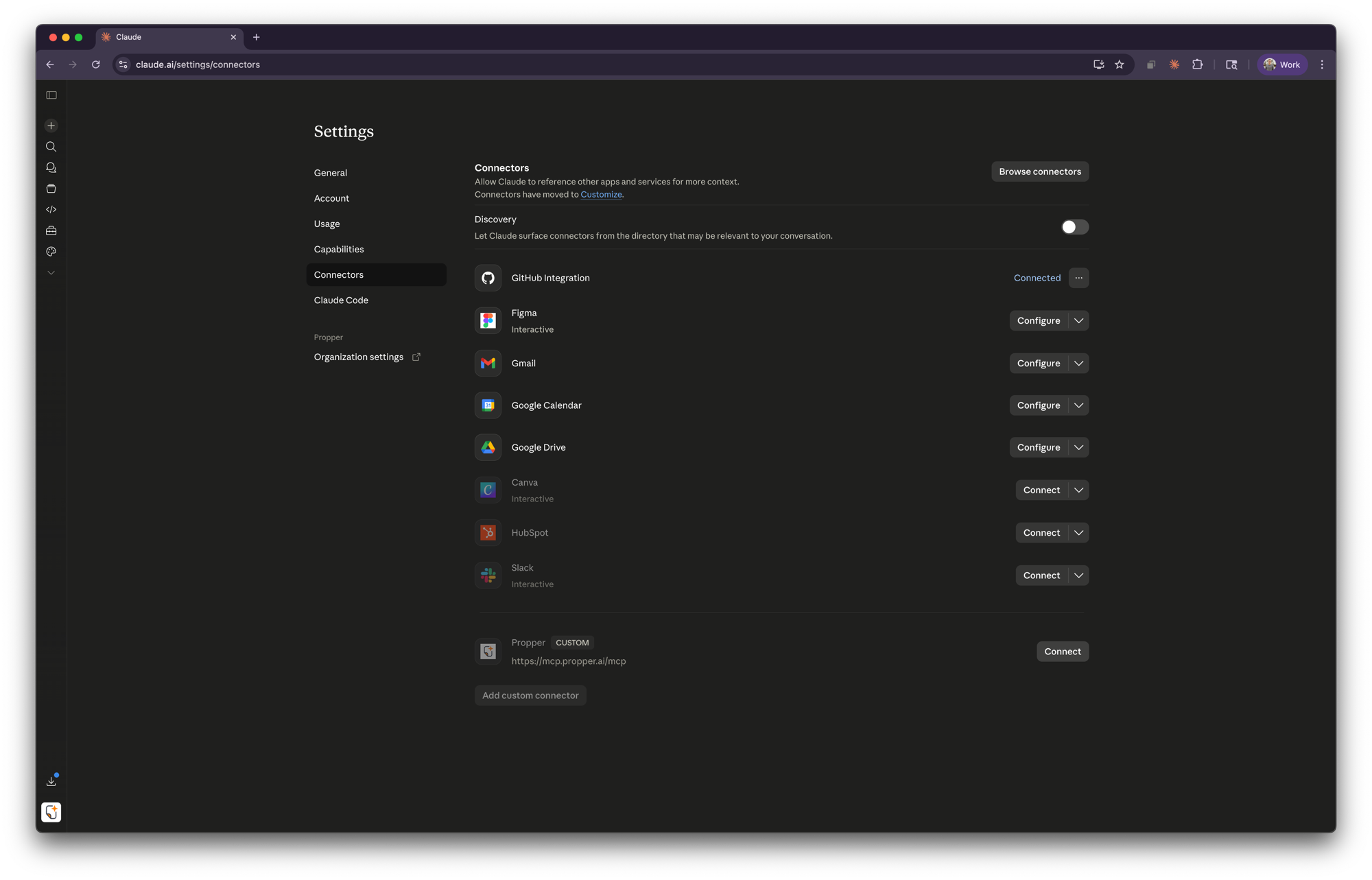Personal Settings showing the Propper custom connector with a Connect button