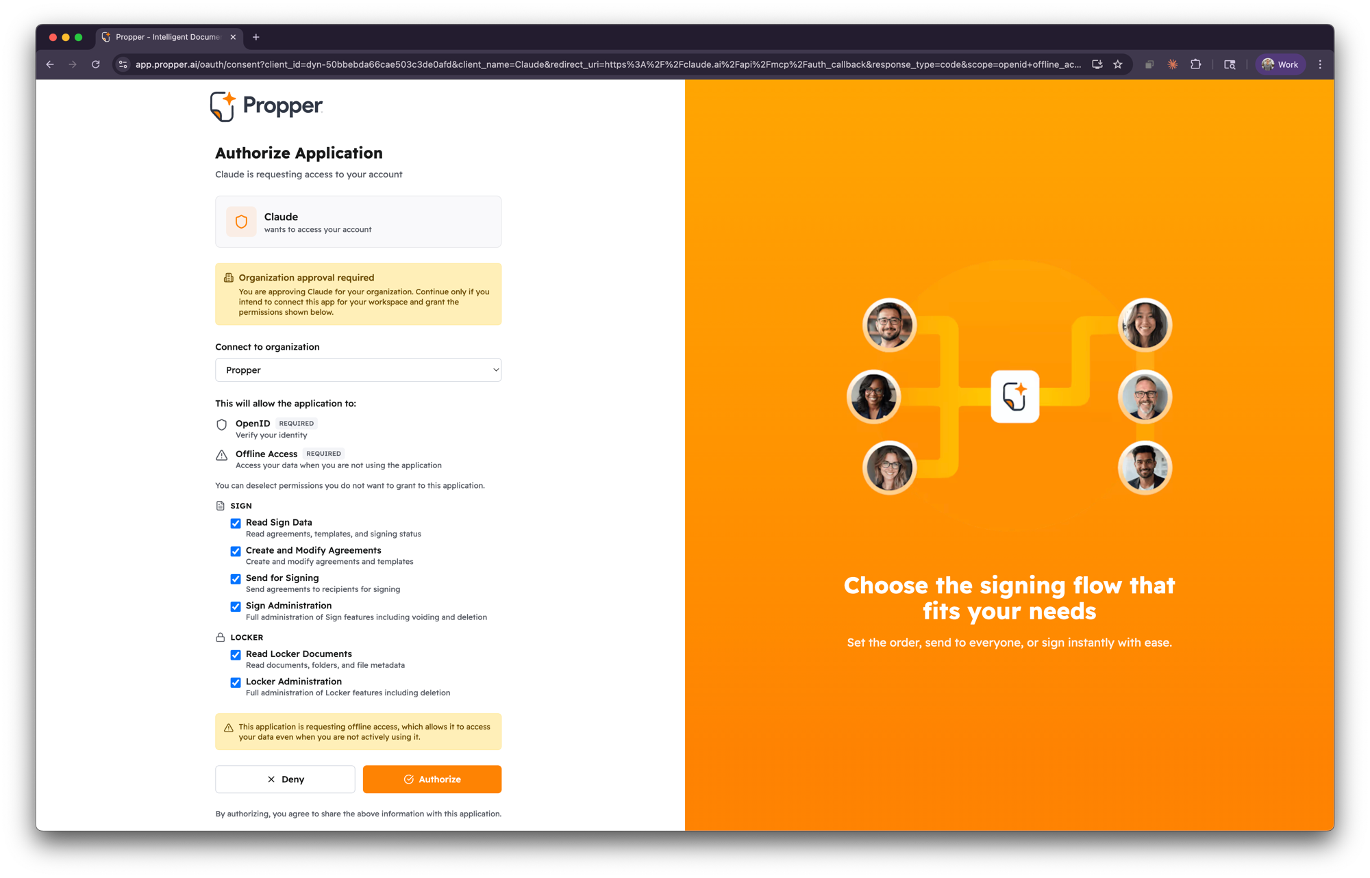 Authorize Application page showing the permissions Claude is requesting