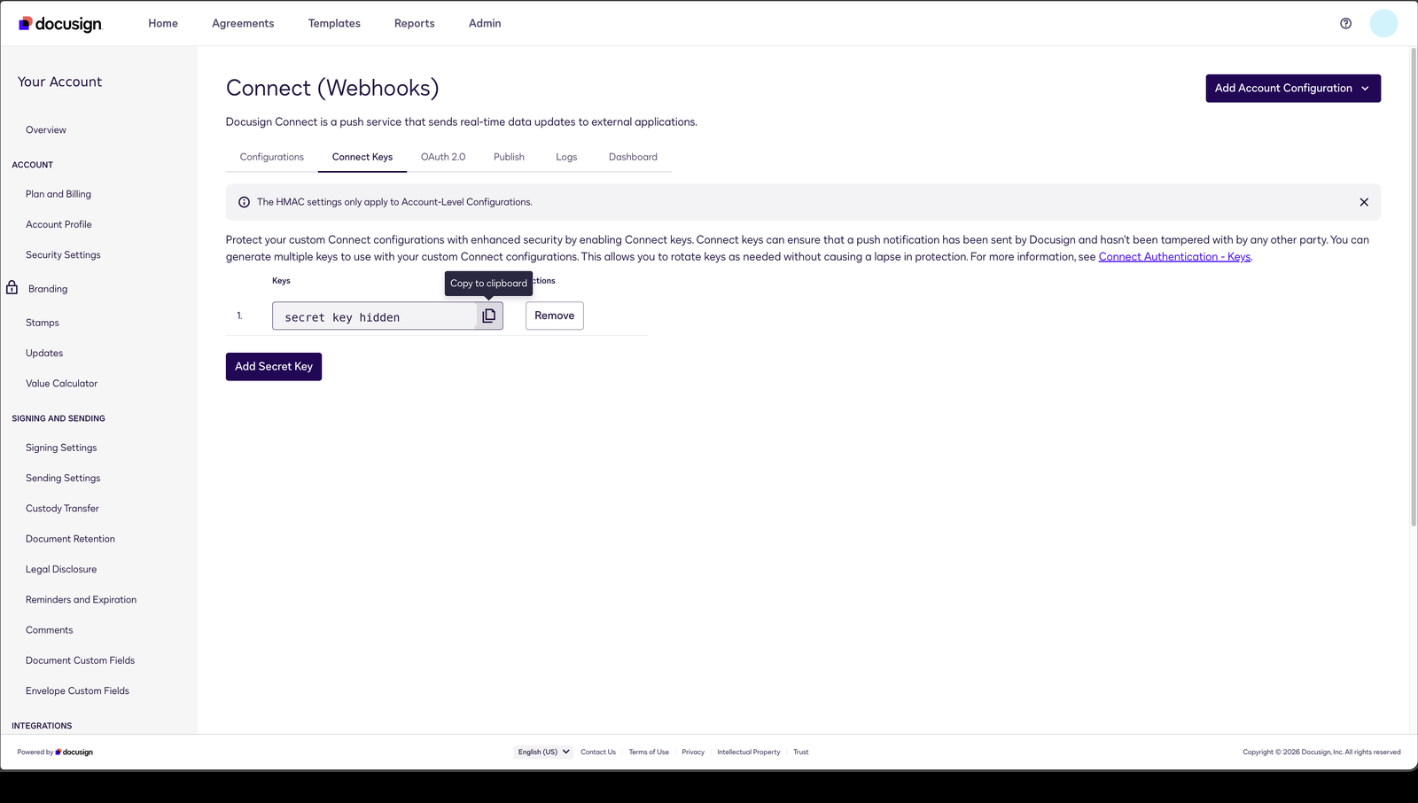 The Connect Keys tab in Docusign Admin, with the Add Secret Key action