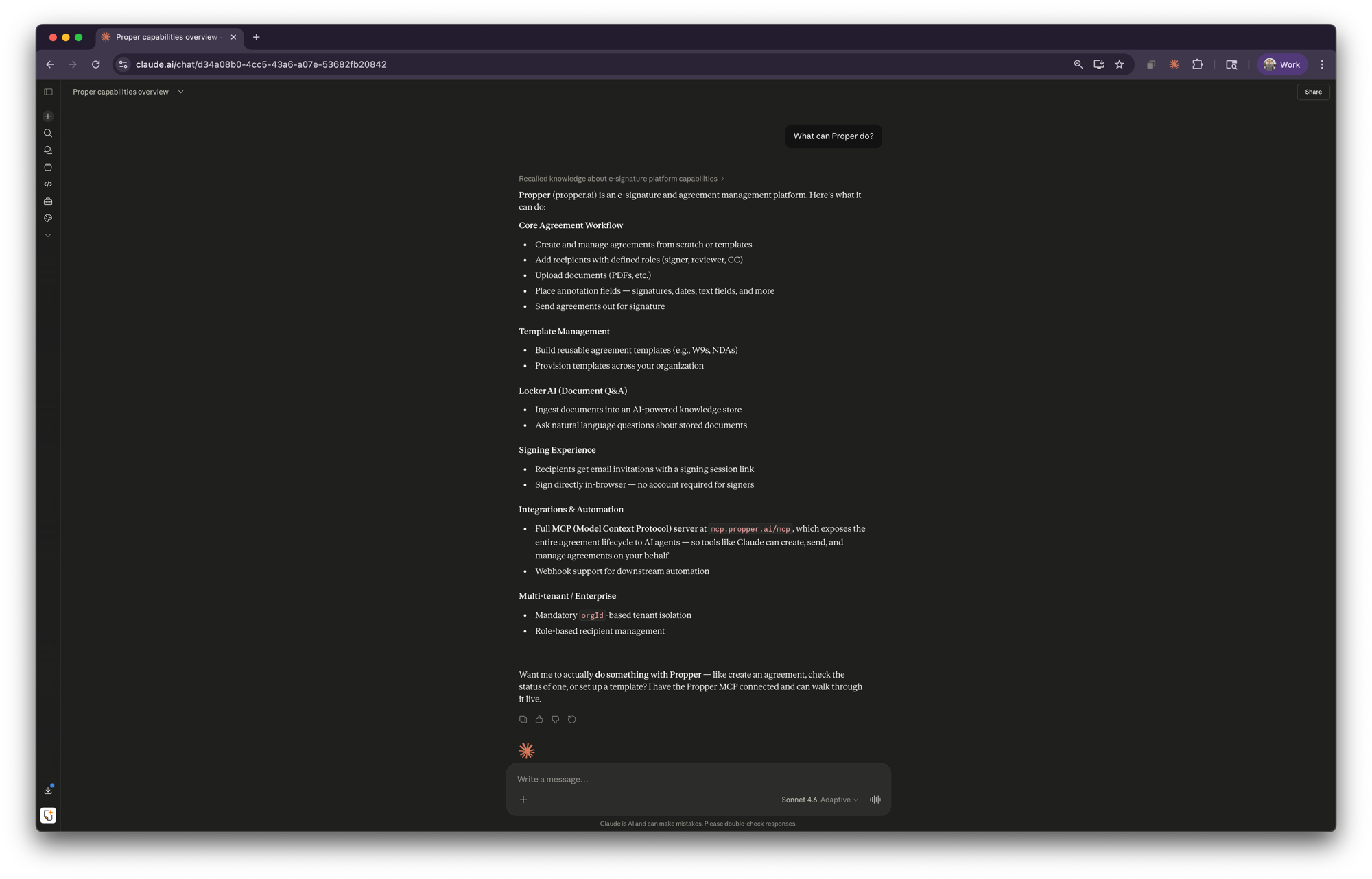 Claude conversation showing Propper capabilities after connecting via MCP