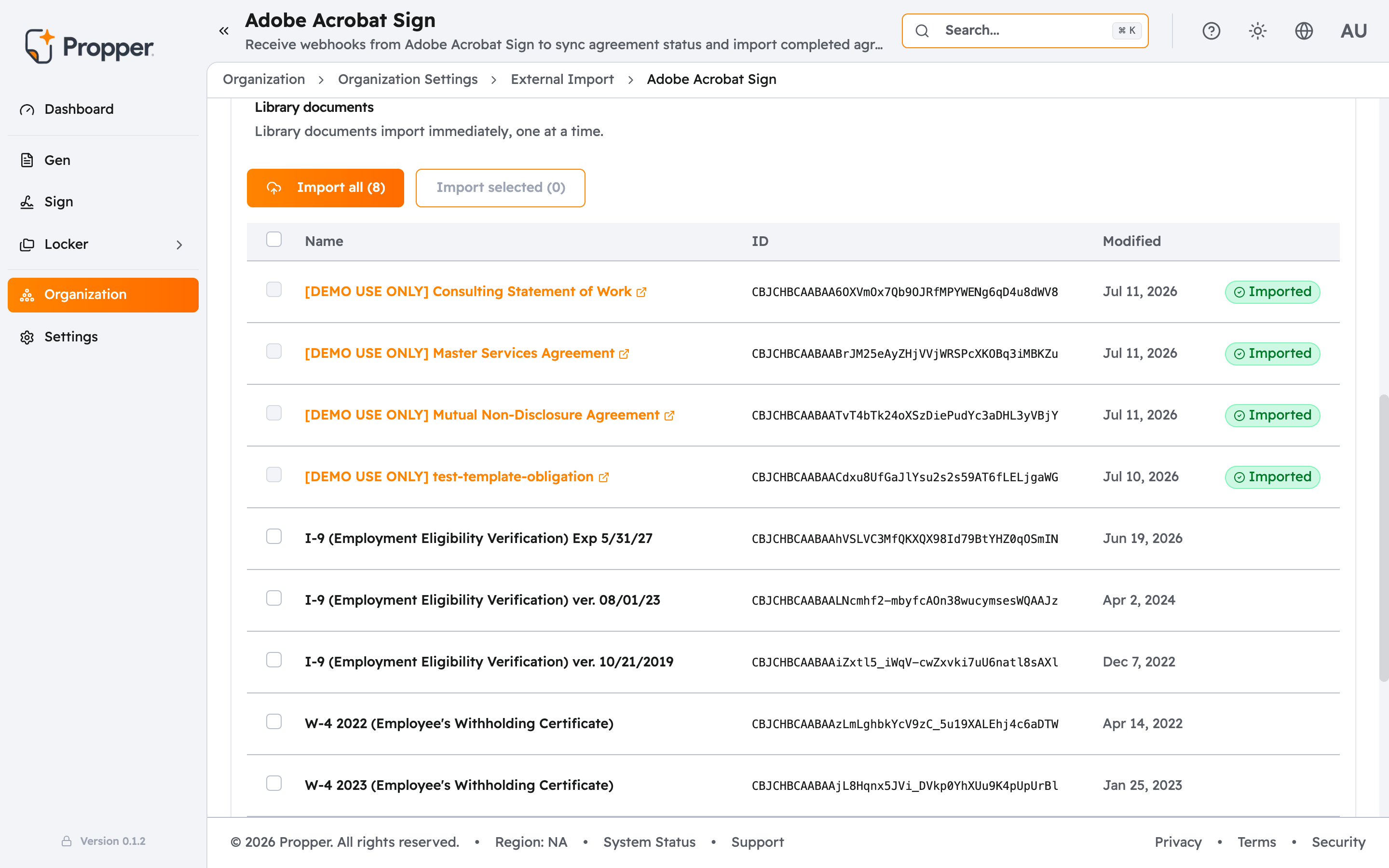 Library documents table after import, with finished rows marked Imported and linking to their Propper Gen templates