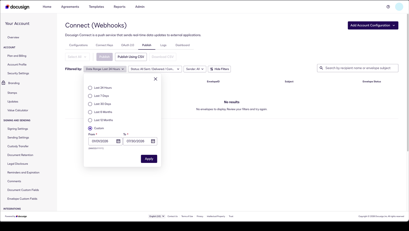 The Publish tab in Docusign Admin, with the Date Range filter open on Custom