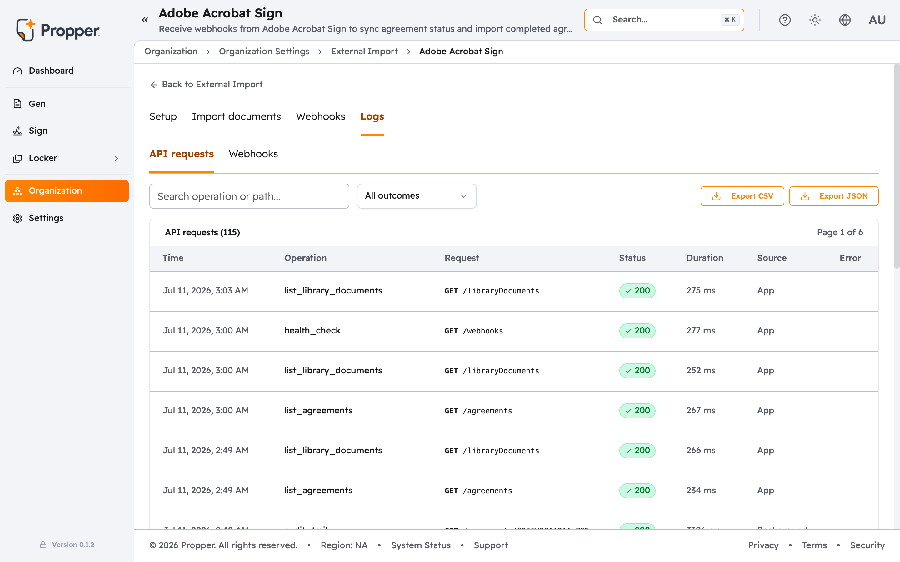 Logs tab on the API requests view showing the request table with time, operation, status, and duration columns