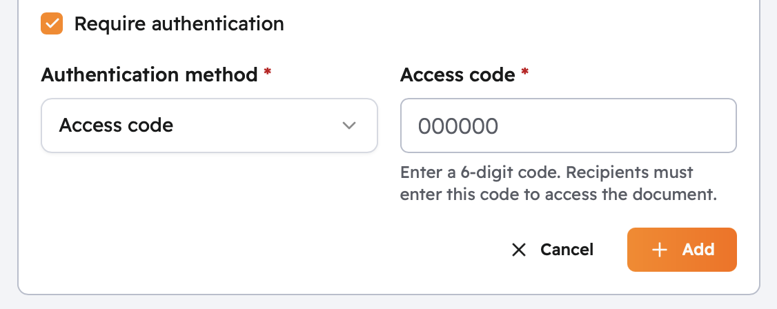 Access code selected with a 6-digit code field, recipients must enter this code to access the document