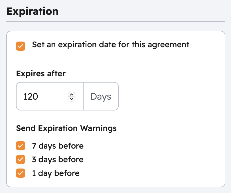 Expiration panel showing Expires after 120 days and Send Expiration Warnings checkboxes for 7, 3, and 1 day before