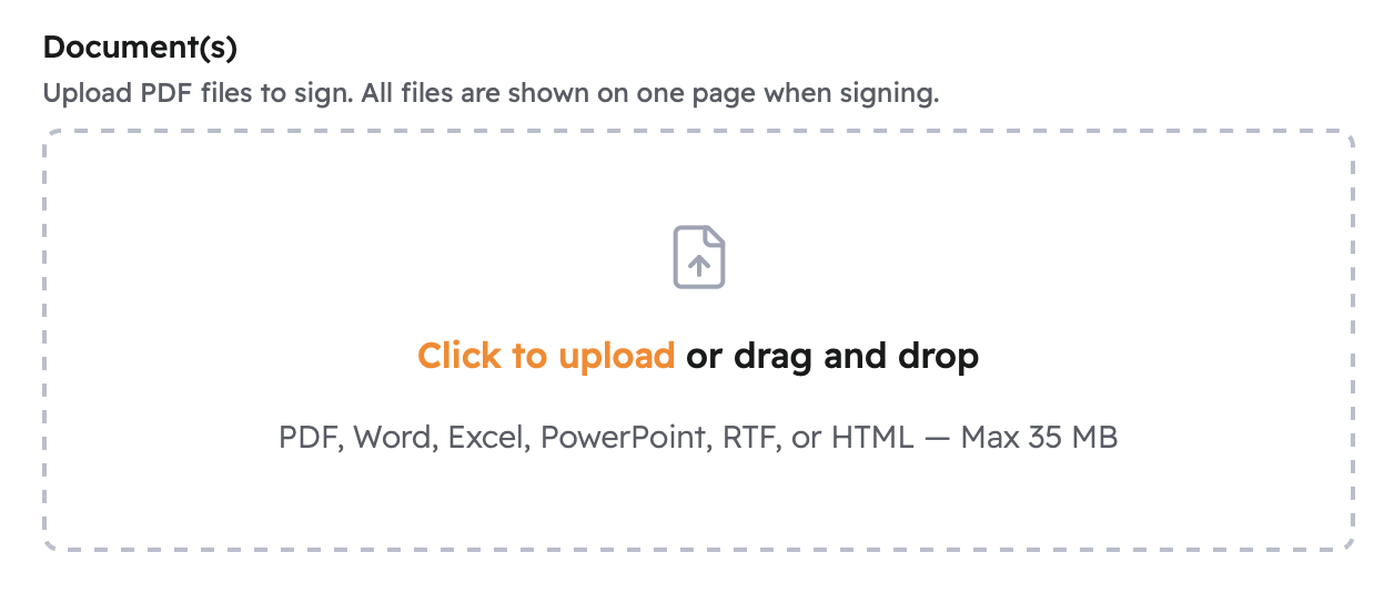 Document upload area showing supported formats and 35 MB file size limit