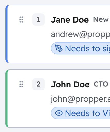 Recipient list showing numbered routing order: Jane Doe signs first, John Doe views second