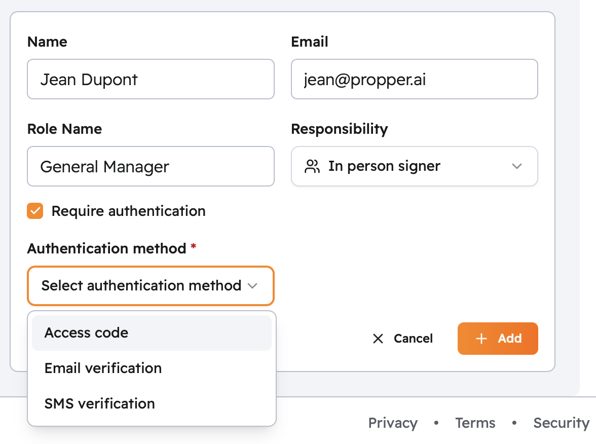 Recipient form showing authentication method options: Access code, Email verification, SMS verification